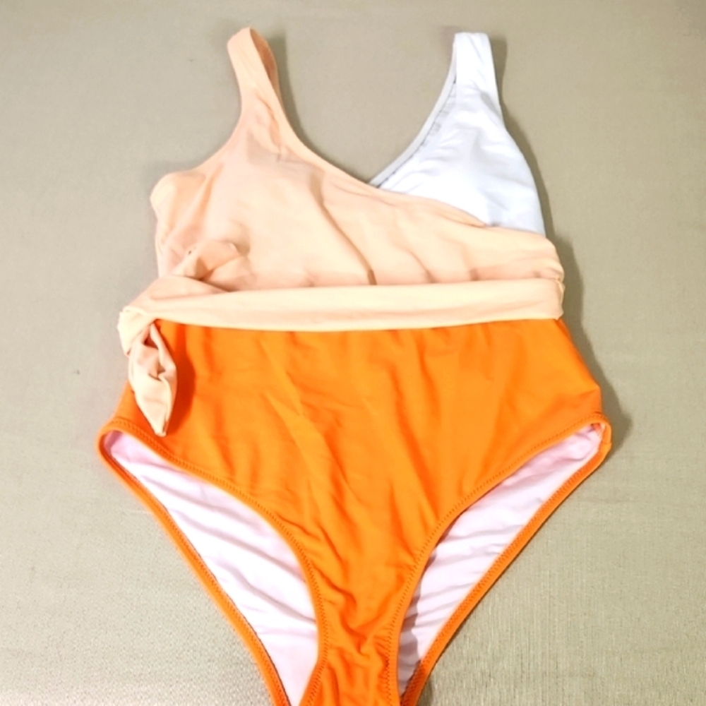 Cupshe  One Piece Swimsuit - Orange and White High Leg With Tie Size Med NWT